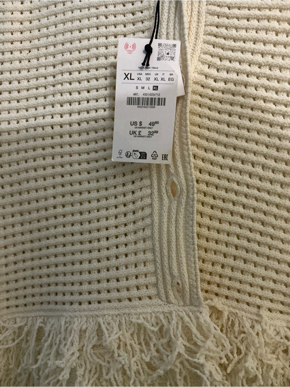 Zara Cream Short-Sleeve Knit Cardigan with Fringe - Picture 2 of 4